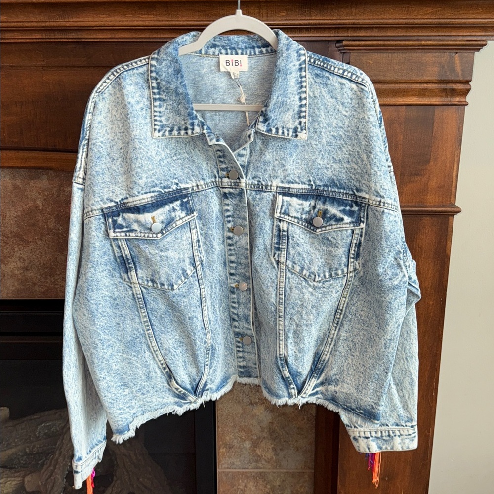 Stonewash denim jacket rainbow fringe BiBi Freckled Poppy XL pride cowgirl NWT - Picture 3 of 14